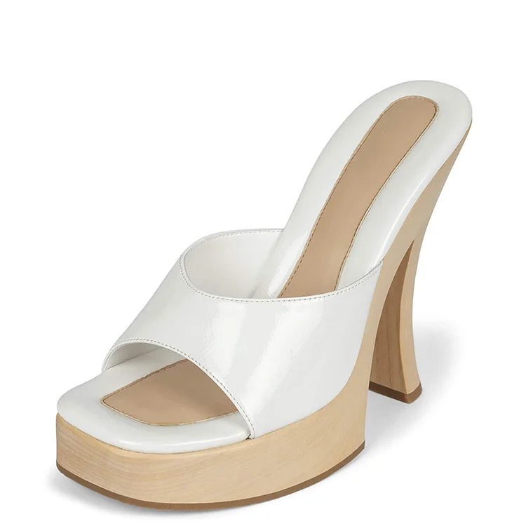 White Platform Mules Square Toe Block Heel Shoes for Women |FSJ Shoes