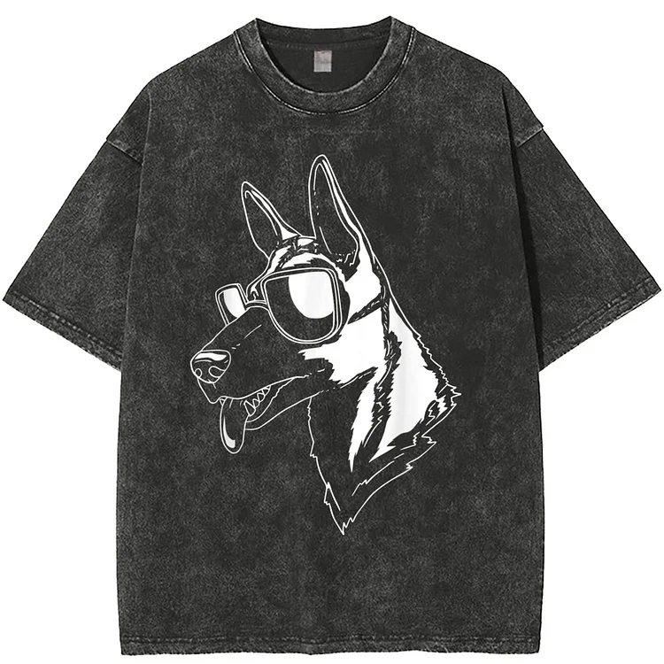 Retro Doberman Printed T-Shirt Loose Casual Washed Short Sleeve at Hiphopee