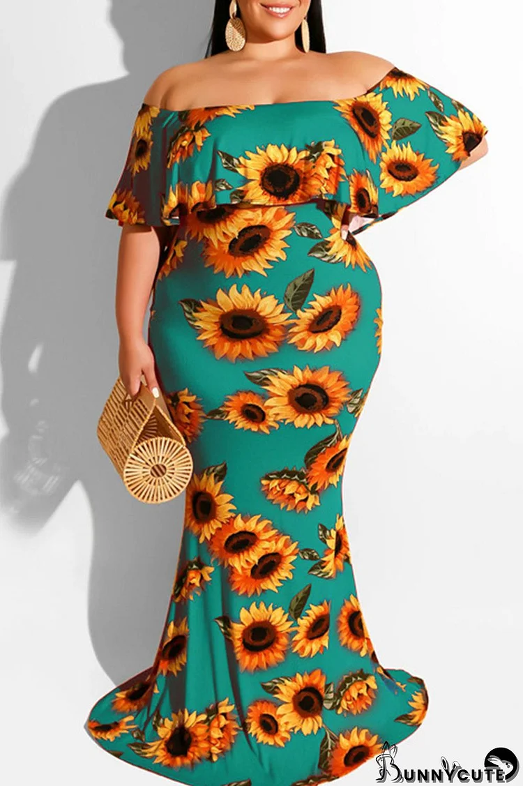 Green Sexy Print Patchwork Flounce Off the Shoulder One Step Skirt Plus Size Dresses