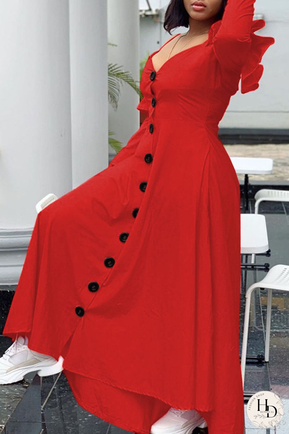 Red Casual Sweet Solid Split Joint Buckle Flounce Spaghetti Strap Sling Dress Dresses