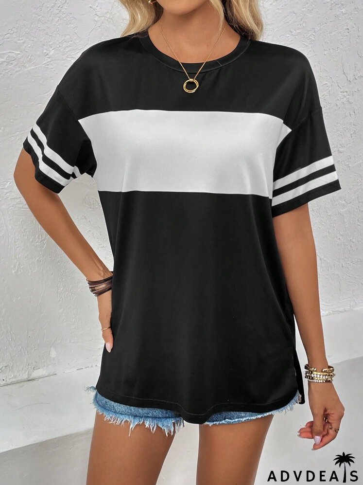 Colorblock Striped Print Drop Shoulder Tee