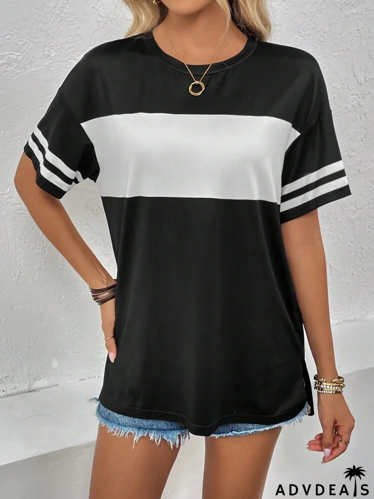 Colorblock Striped Print Drop Shoulder Tee