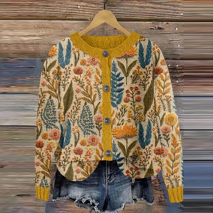Women Vintage Floral Art Button Down Sweater Cardigan
