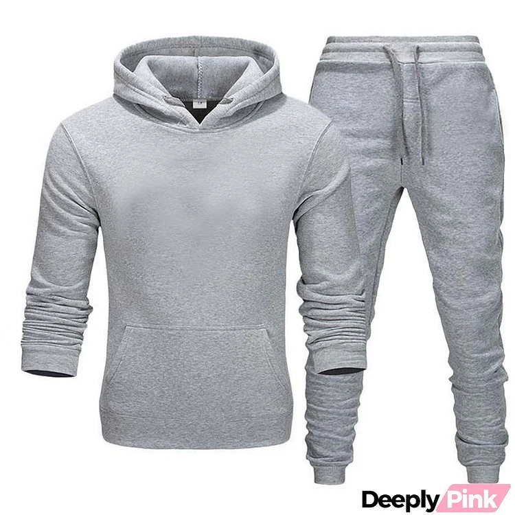 Men Casual Solid Long Sleeve Hat Rope Pocket Design Hoodie And Drawstring Waist Jogger Pants Two-Piece Set