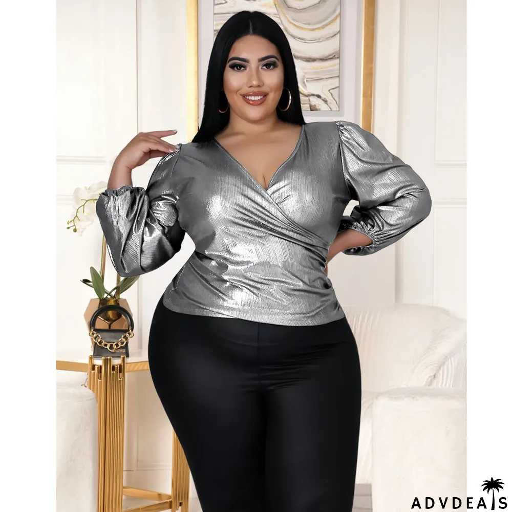 Plus Size Solid V Neck Long Sleeve Top