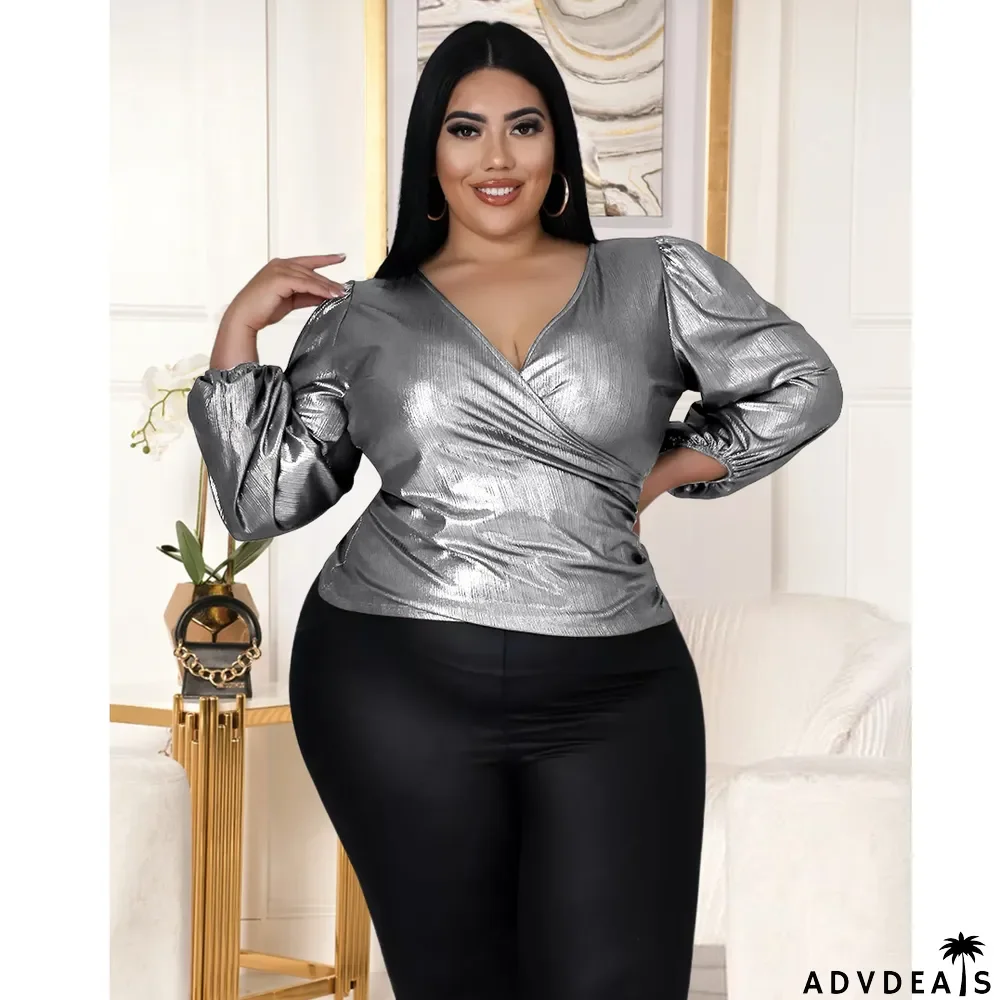 Plus Size Solid V Neck Long Sleeve Top