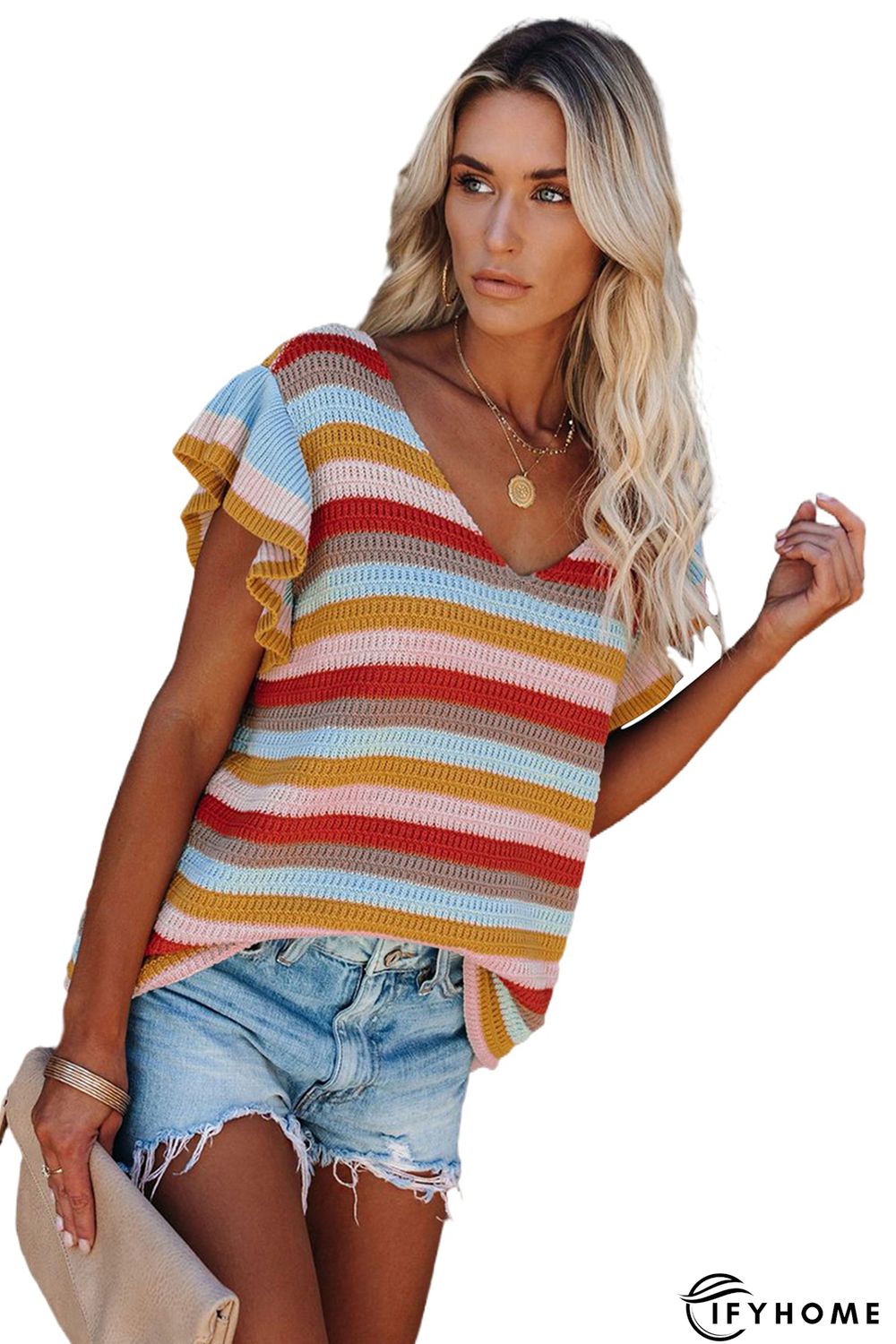 Multi-color Striped Ruffle Short Sleeve Knit Top | IFYHOME