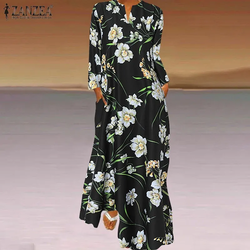 Spring Women's Sundress Bohemian Floral Long Dress ZANZEA 2022 Casual Long Sleeve Party Holiday Vestidos Kaftan Robe Dresses