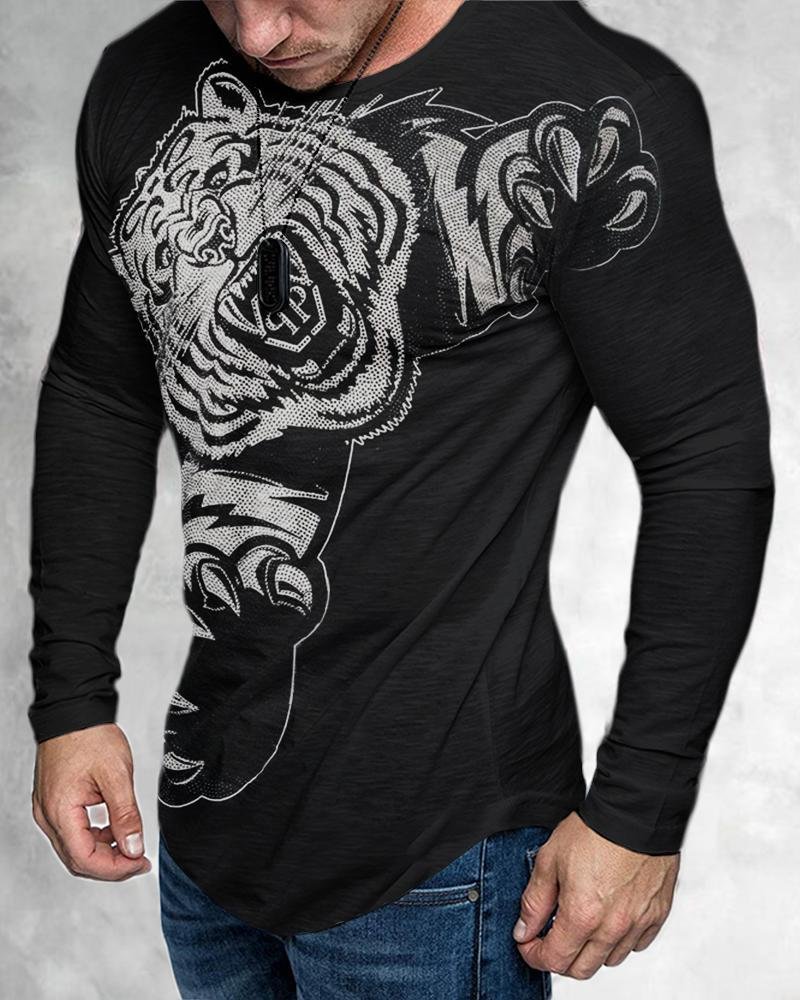 Men's Casual Long Sleeved Tiger Beaded T-shirt