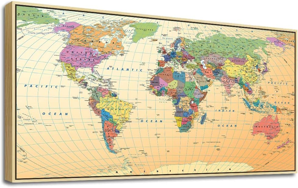 Vintage World Map Framed Canvas Wall Art For Office Large Size Wall Decor World Map Poster Office Canvas Pictures Artwork Boho Home Living Room Decorations Ready To Hang Natural Wood Framed 24 inch  X 48 inch  24 x48 inchNatural Wood Framed