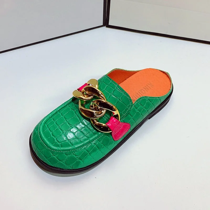 Summer Women Slipper Low Heels Casual Slides Flip Flop Round Toe New Arrival Brand Design Gold Chain Closed Slip On Shoes Mulles