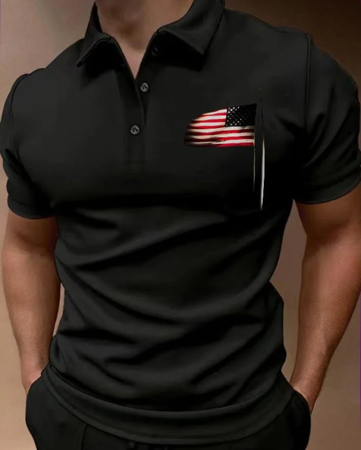 Men's Casual Flag Printed Short Sleeved Polo Shirt at Hiphopee