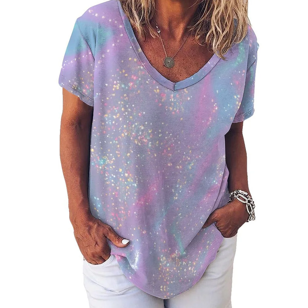 V-neck Short Sleeve Casual T-shirt for  Women Printed with Pattern Glitter, Pink, Blue