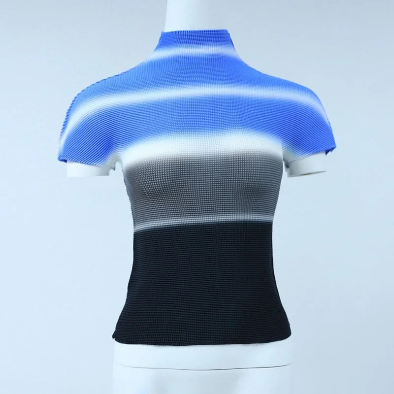 Woherb Gradient Waffle Texture High Neck Short Sleeve Top-Outfit Ideas