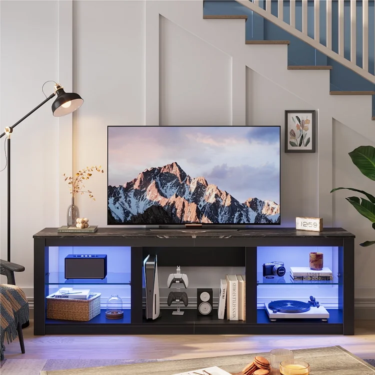 Bestier 70" LED Gaming TV Stand for 65/70/75 inch TVs, Entertainment Center with RGB Lights, Fireplace Space, Tempered Glass Shelves & PS5 Storage, Black