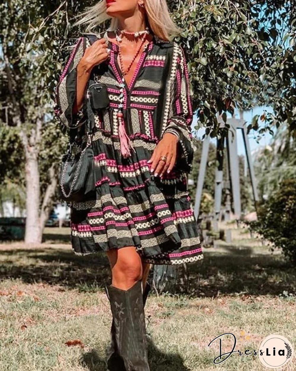 Geometric Print Flared Sleeve Mini Dress P12100