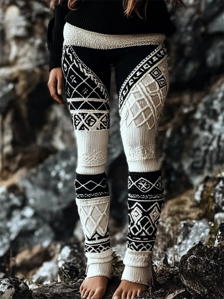 VChics Viking Mystical Celtic Chunky Contrast Color Cozy Knit Leggings