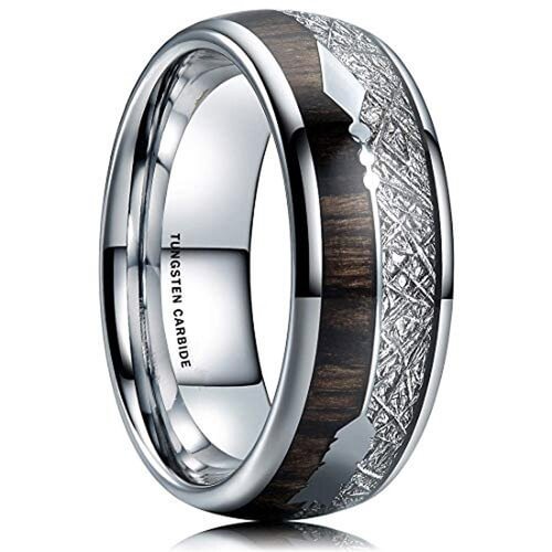 Women's Or Men's Tungsten Carbide Wedding Band Matching Rings,Silver Tone Cupid's Arrow with Wood and Silver Inspired Meteorite Inlay,Tungsten Carbide Domed Top Ring With Mens And Womens Rings For 4MM 6MM 8MM 10MM