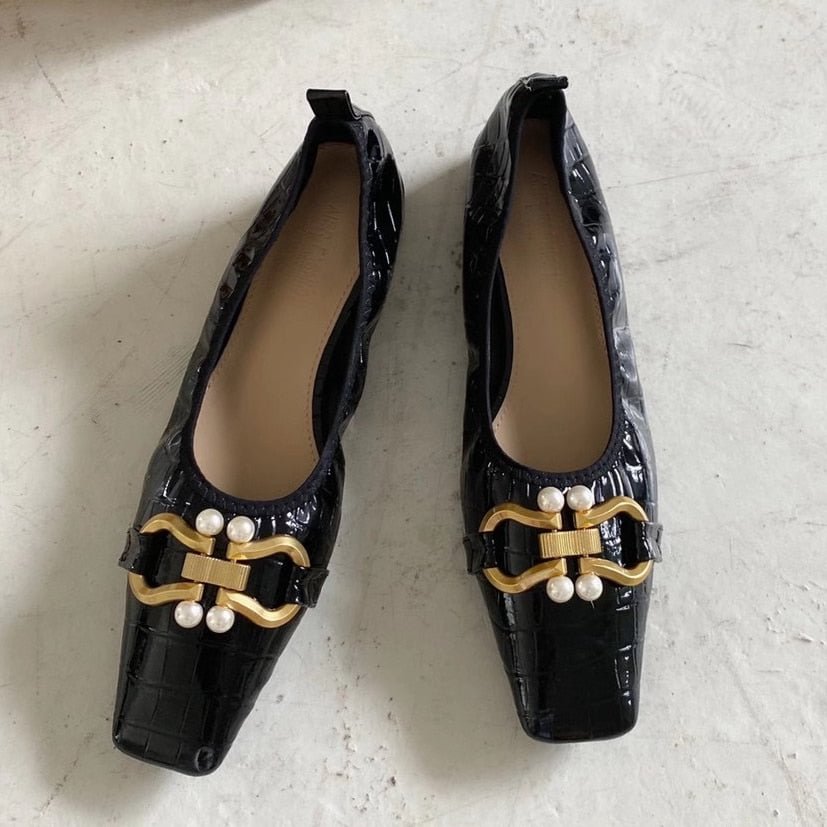 SUOJIALUN 2021 New Brand Women Flat Shoes Square Toe Vintag Slip On Ballerina Shallow Ballet Flat Loafer Shoes Stone Pattern Mu