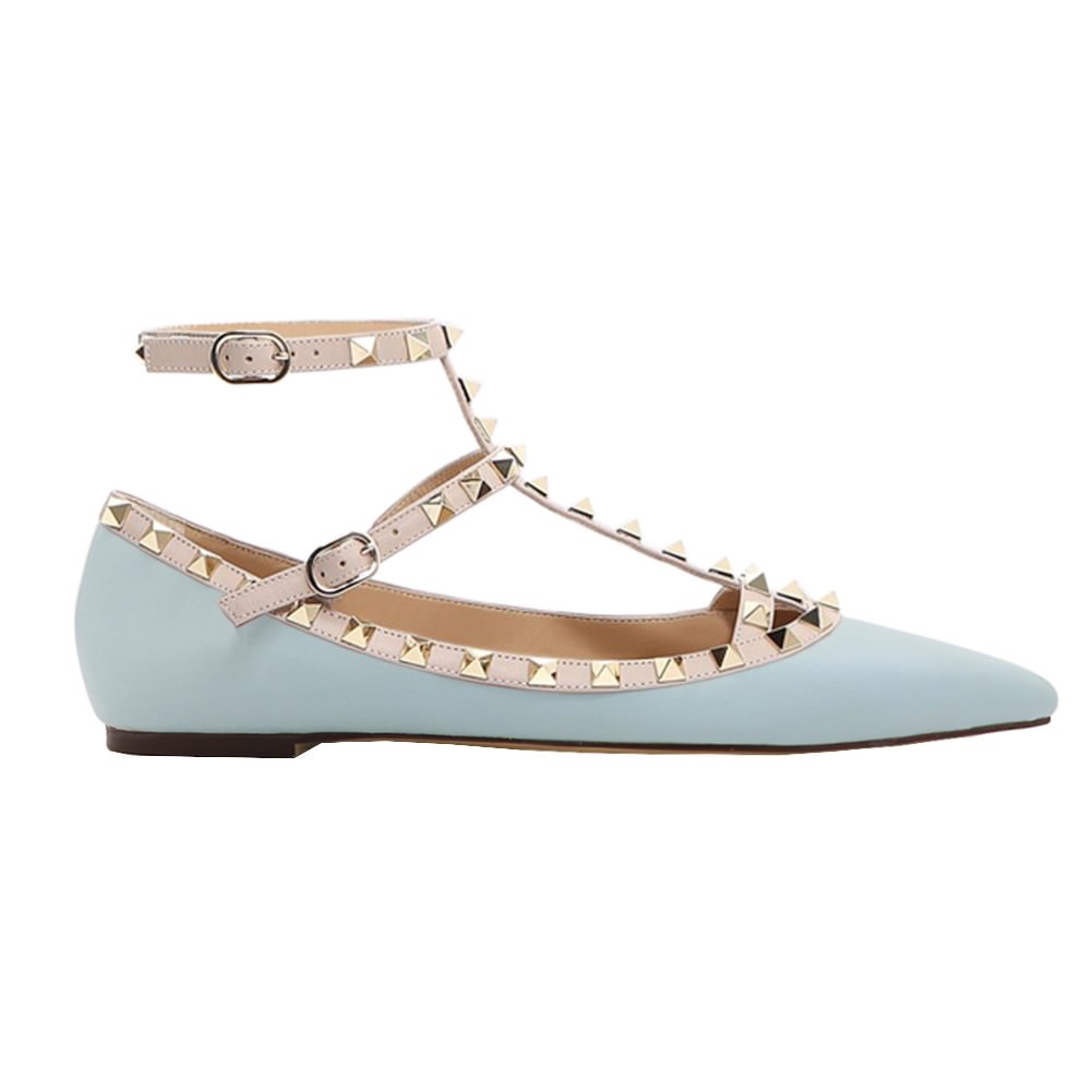 Women's Flats With Double Buckles Fashion Sexy Rivets Rockstud Daily Pointed Toe Ballet Matte Shoes-vocosishoes