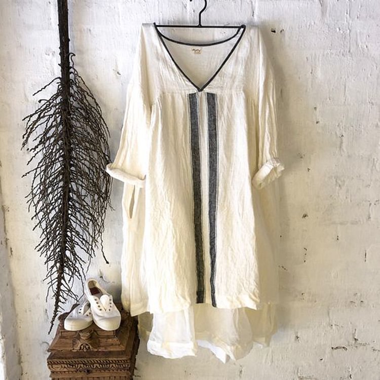 Comstylish Cotton Linen V-Neck Panel Midi Dress