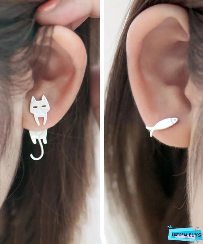 Women Stylish Cat and Fish Asymmetrical Design Metal Stud Earrings