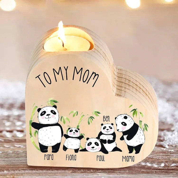 Family Panda Heart Candle Holder Personalized Wooden Candlestick Custom 5 Names