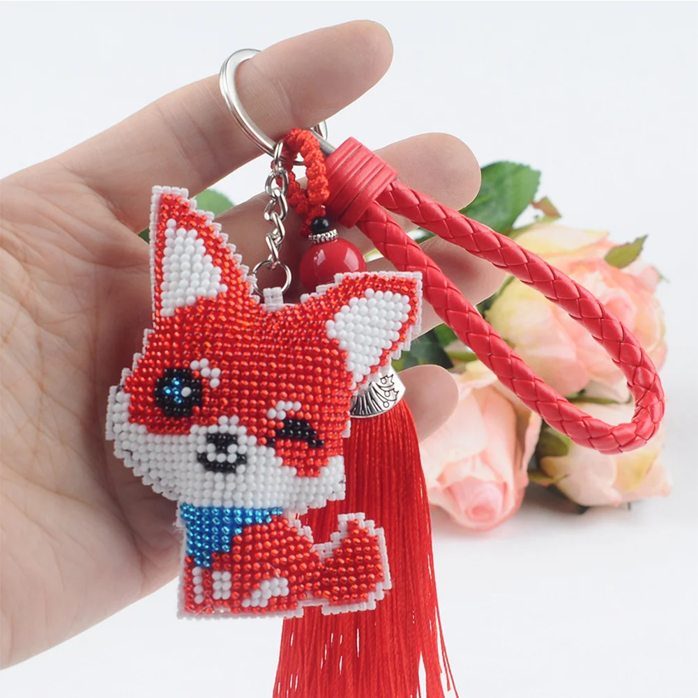 2Pcs Red Pink Fox - Stamped Bead Embroidery - Keychain