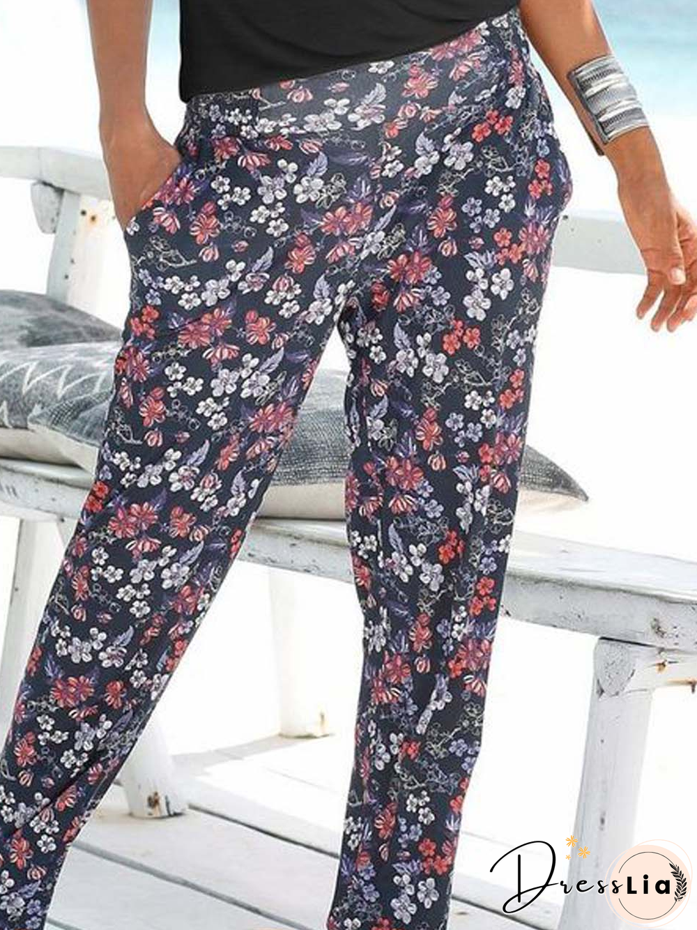 Casual Floral Autumn Natural Micro-Elasticity Jersey Best Sell Long Regular Casual Pants for Women