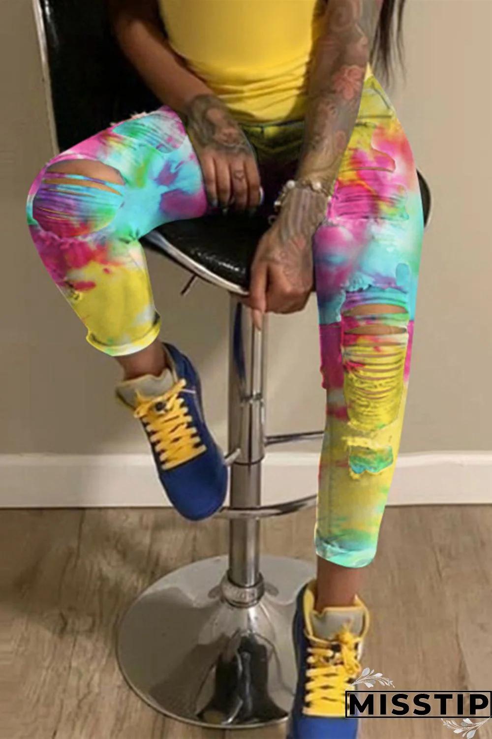 Green and yellow Denim Street Print Hole Tie Dye Pattern Plus Size