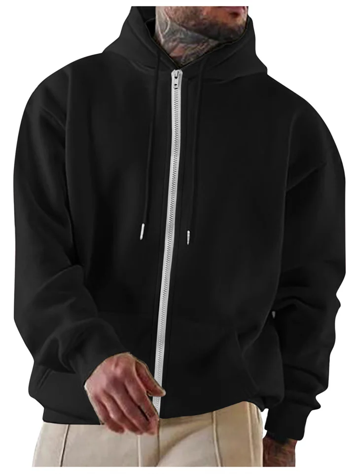 Men's Solid Color Hoodie Loose Casual Fleece Pocket Zipper Men's Hooded Drawstring Long Sleeve Sweatshirt Cardigan-Cosfine