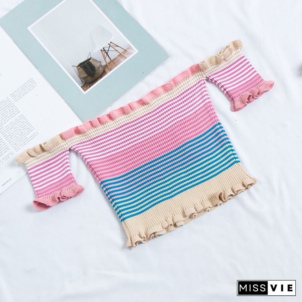 Heliar Women Rainbow Stripes Tops Female Off Shoulder Tops Women's Clothing Ruffles Hem Tees Lady Sexy Tops For Women T-Shirts