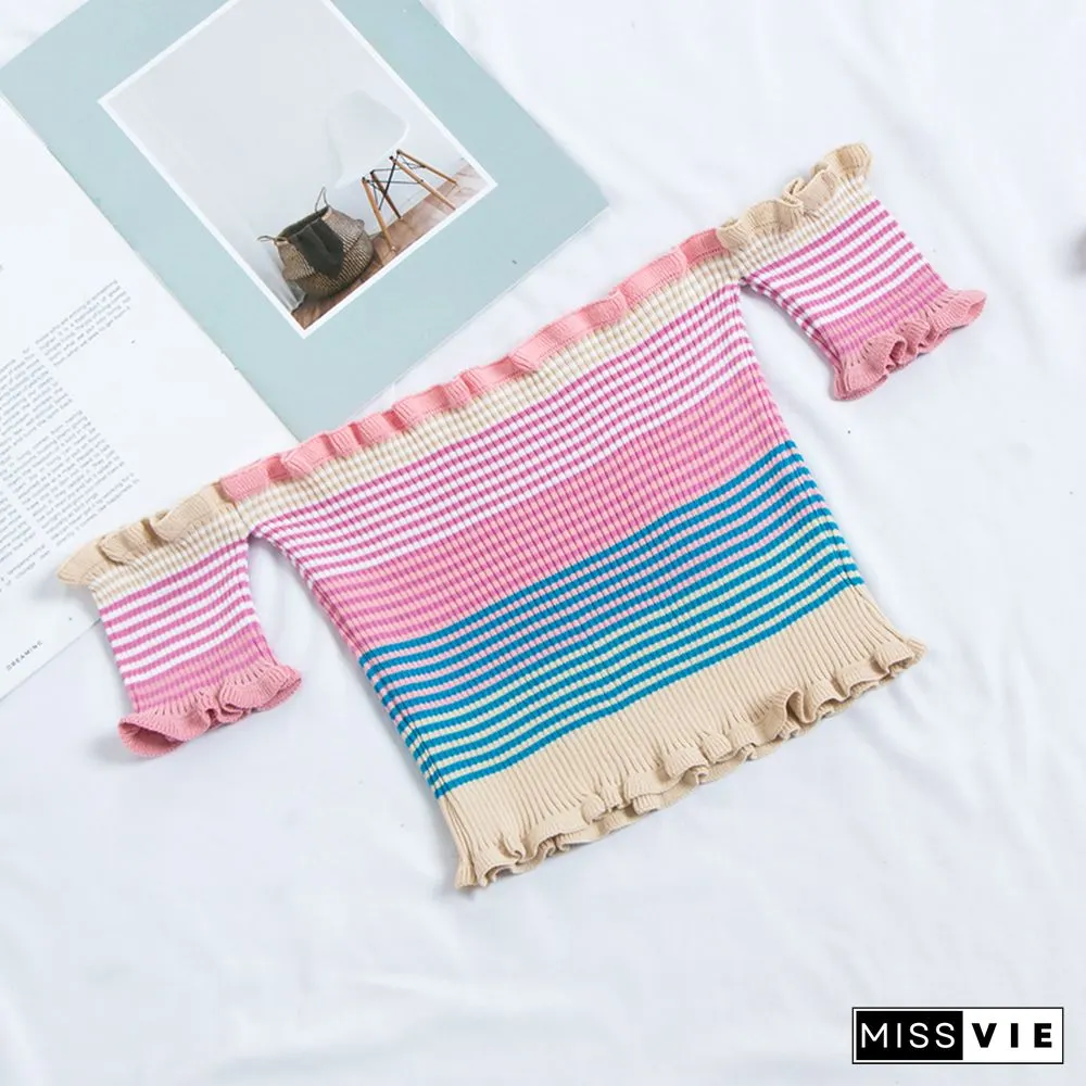 Heliar Women Rainbow Stripes Tops Female Off Shoulder Tops Women's Clothing Ruffles Hem Tees Lady Sexy Tops For Women T-Shirts