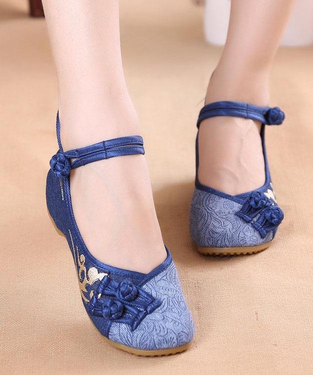 Women Buckle Strap Wedge High Wedge Heels Shoes Blue Oriental Cotton Fabric
