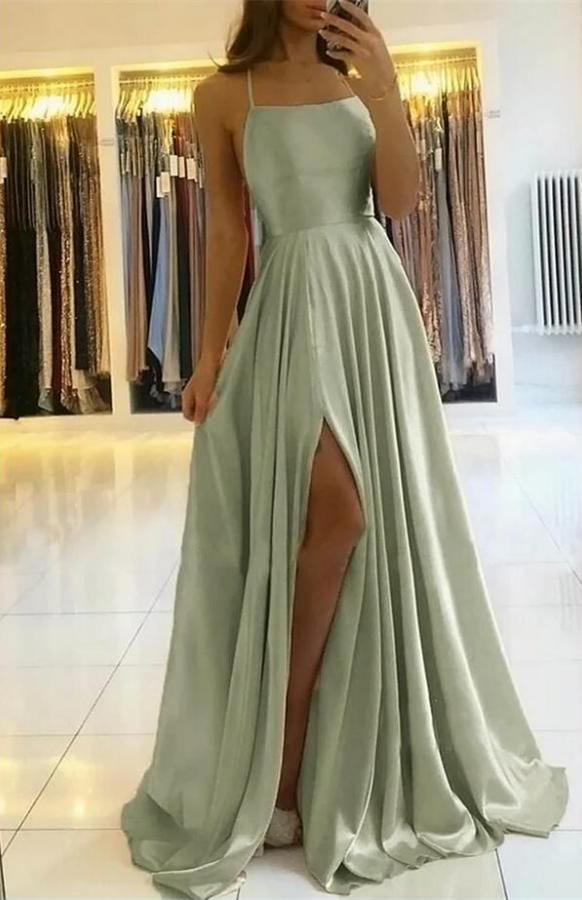 Luluslly Dusty Sage Spaghetti-Straps Long Prom Dress With Slit Online