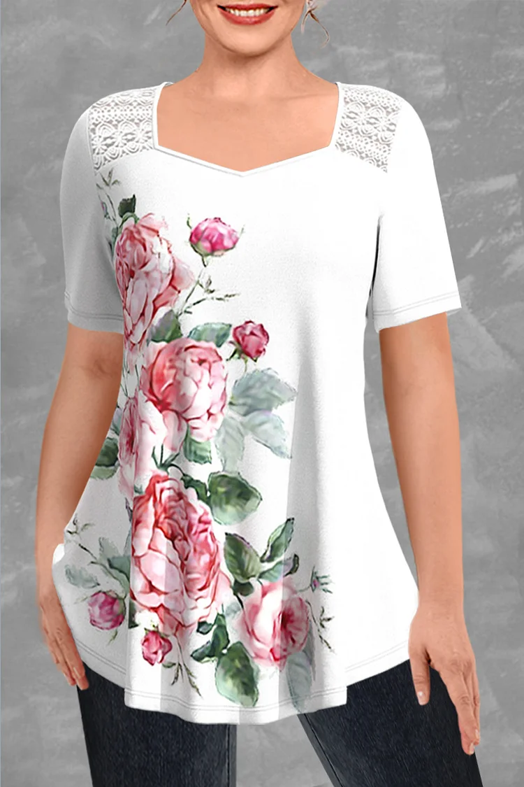 Flycurvy Plus Size Casual White Lace Stitching Rose Print Square Neck Blouse  Flycurvy [product_label]
