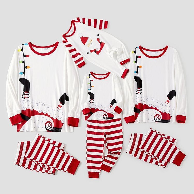 Christmas White and Red Stripe Print Family Matching Pajamas Sets(Flame Resistant)