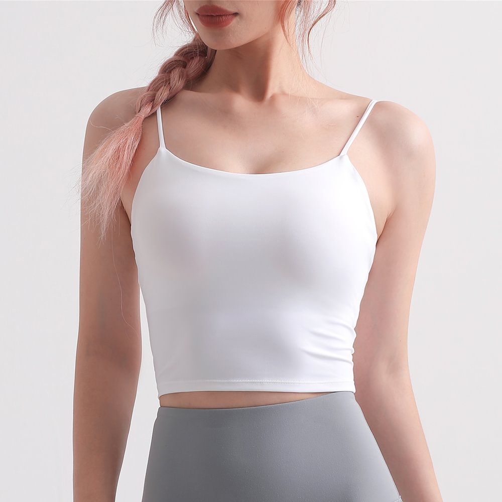 Hergymclothing White open back thin straps lycra camisole sports bra vest with removable pads for sale