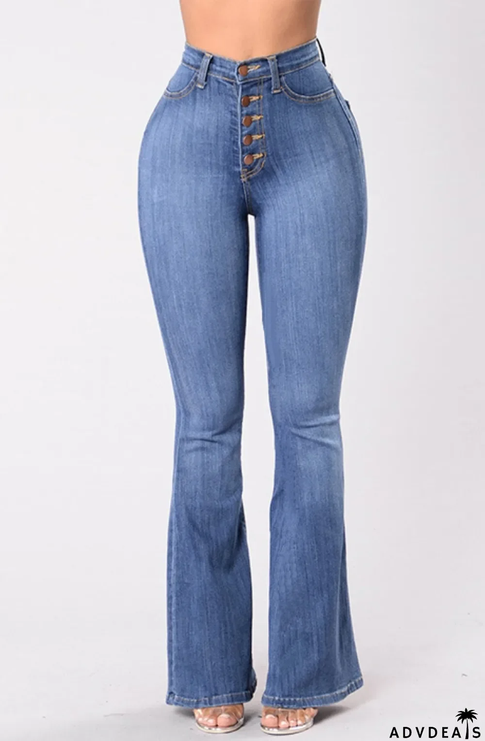 Autumn Light Blue High Waist Button Flare Jeans