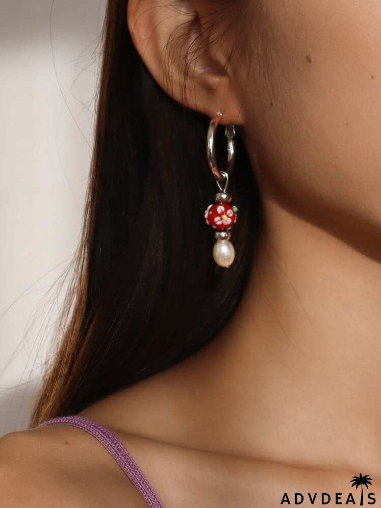 Flower Detail Bead & Faux Pearl Drop Earrings