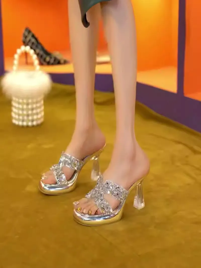 Breakj Breakj Korea's Small Thick-Bottomed One-Word Drag Woman Wearing Transparent Cool Slippers In The Summer Of 2025 Thick Heel High Heels
