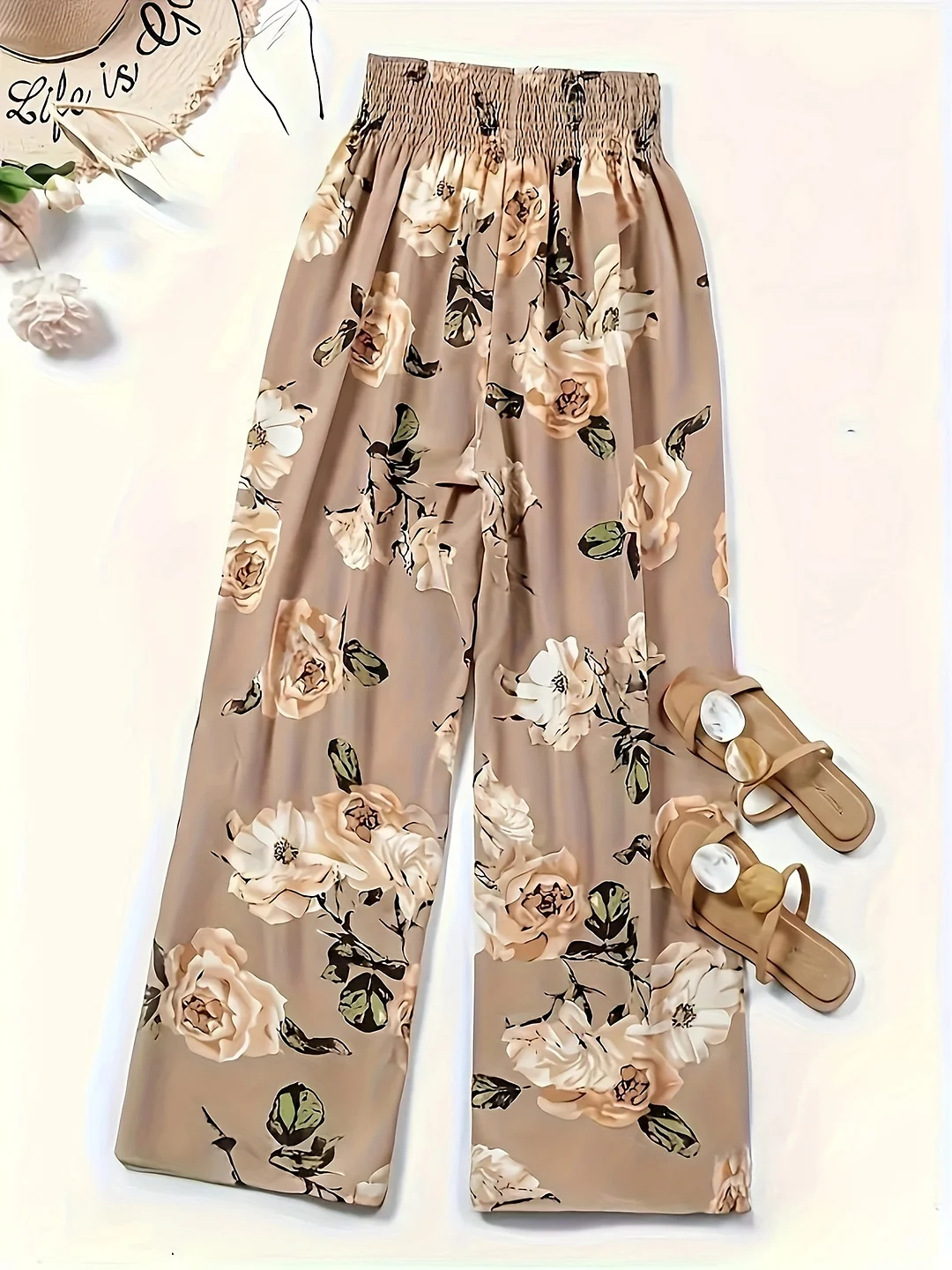 Women's Polyester Blend High-Waisted Floral Print Straight Leg Pants With Elastic Waistband, Suitable For Spring, Summer, Autumn And Winter | IFYHOME