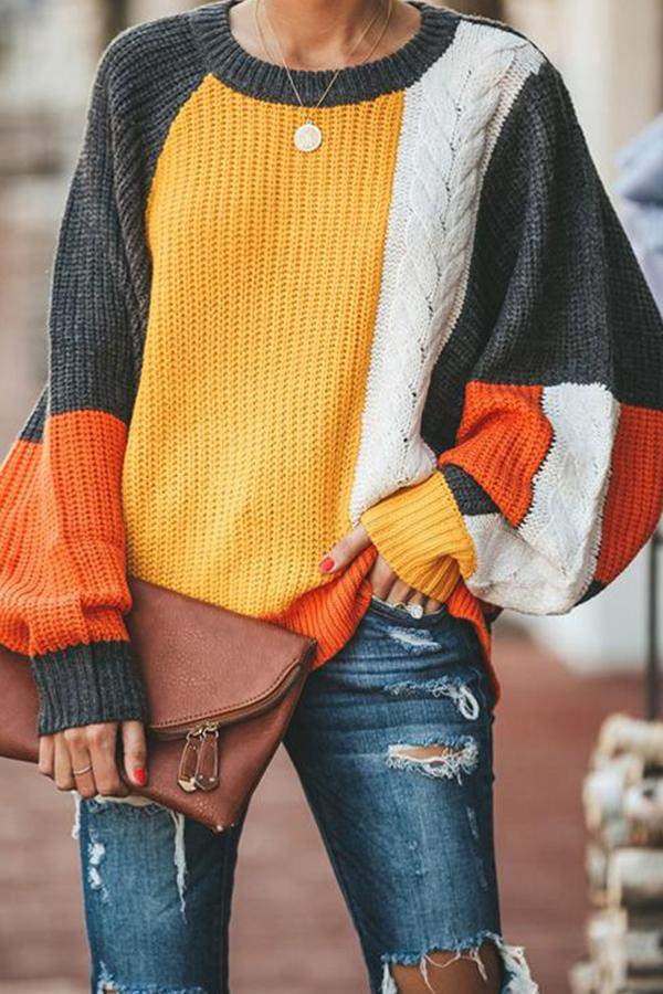 Color Patchwork Round Neck Sweater