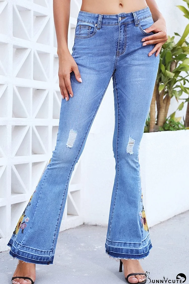 Full Size Flower Embroidery Distressed Wide Leg Jeans