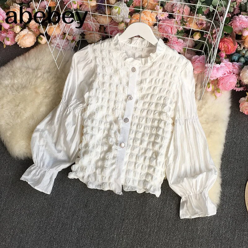 New Autumn Winter Sweet stand collar Lantern Sleeve Shirt Agaric edge patchwork single breasted short solid Shirt Top