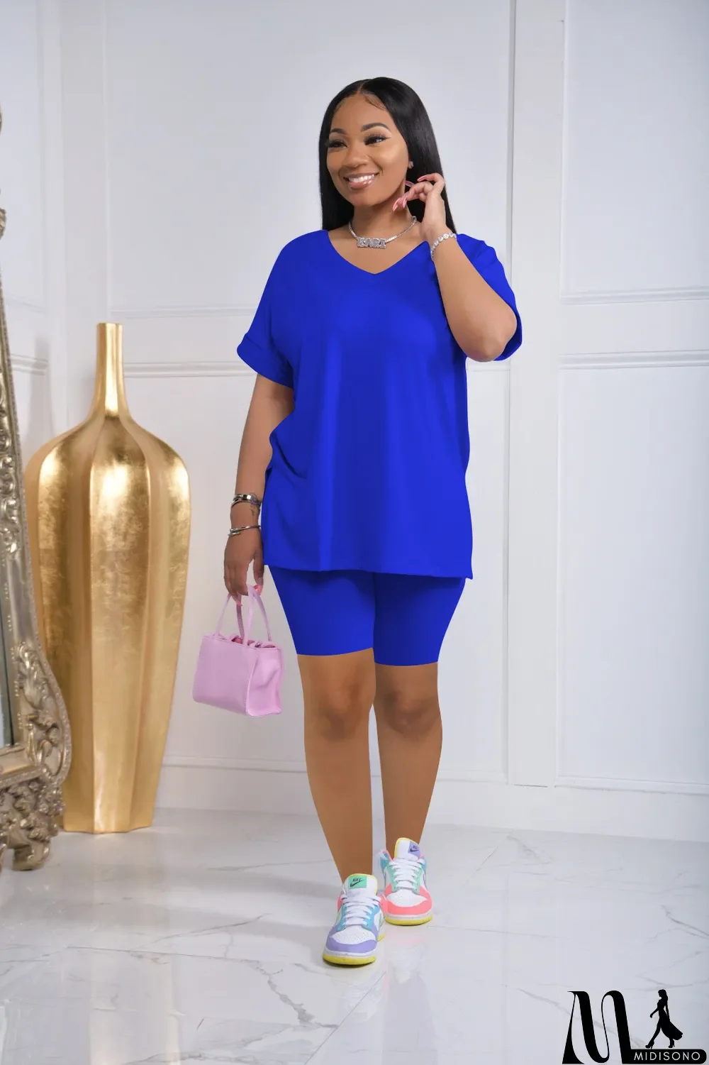 MidiSono - Two-piece Solid Color Slit Casual Shorts