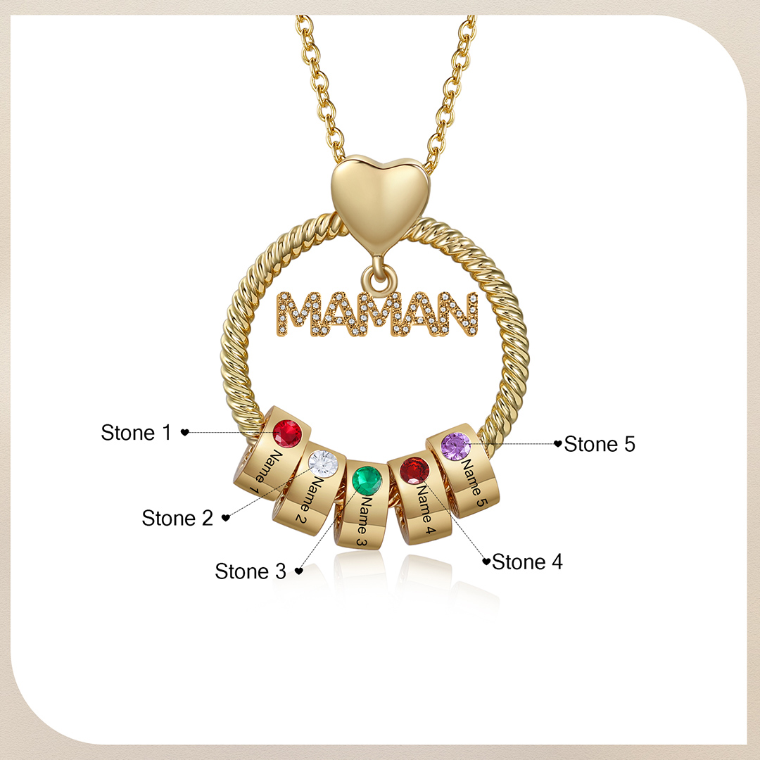 À ma Maman - Collier Pendentif 5 Prénoms Personnalisés avec Pierre de naissance