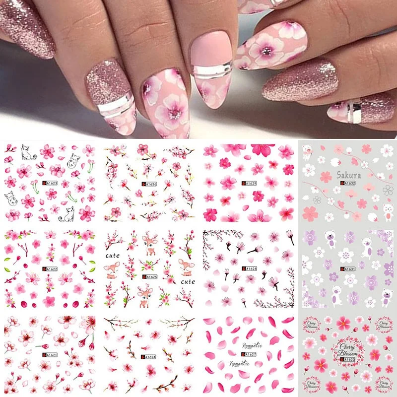 12 Designs Nail Stickers Set Mixed Floral Geometric Nail Art Water Transfer Decals Sliders Flower Leaves Manicures Decoration-Nail Inspo