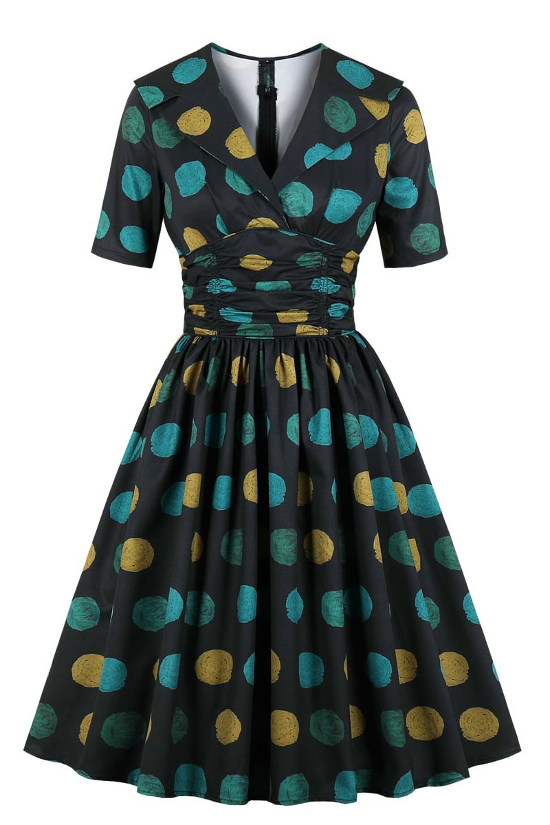 1950s Retro Elegant Polka Dot Short Sleeve High Waist Midi Dresses