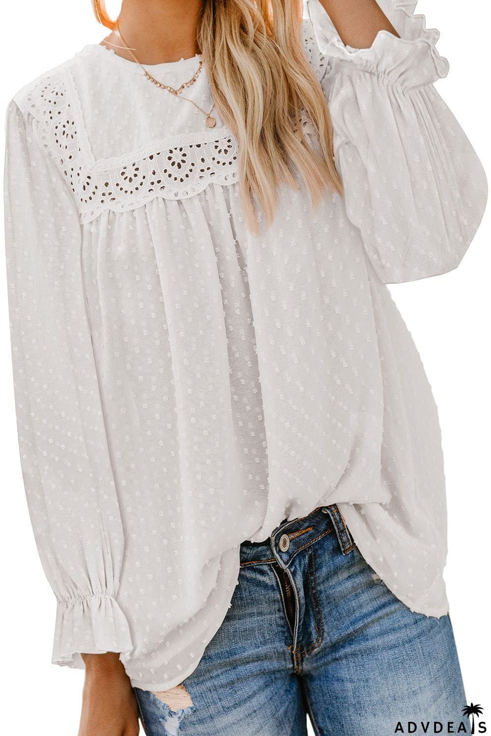 Swiss Dot Hollow Out Ruffle Sleeve Blouse
